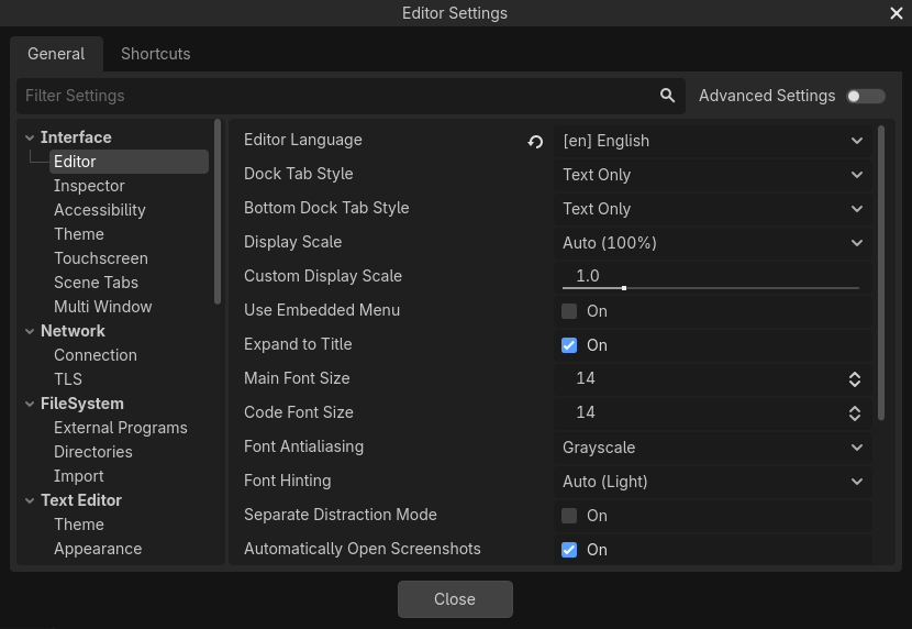The Editor Settings window