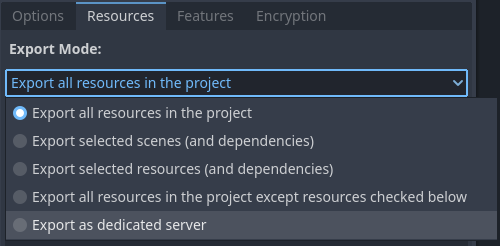 Choosing the Export as dedicated server export mode in the export preset