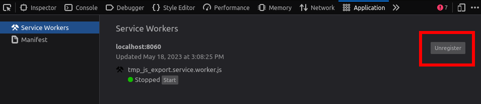 Unregistering the service worker in Firefox's DevTools