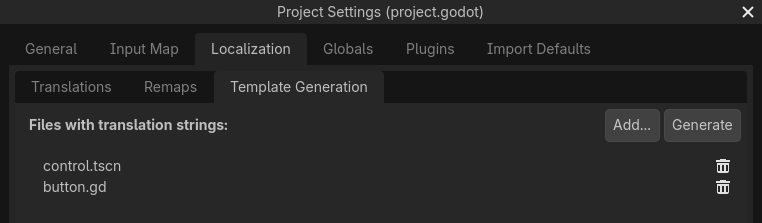 Creating a PO template in the Localization > Template Generation tab of the Project Settings