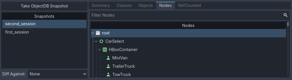 The Nodes tab being used to view the scene tree