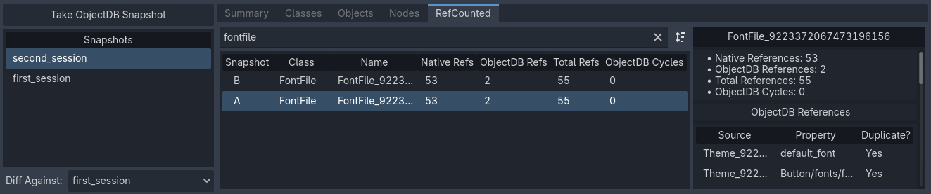 The RefCounted tab being used to view RefCounted instances