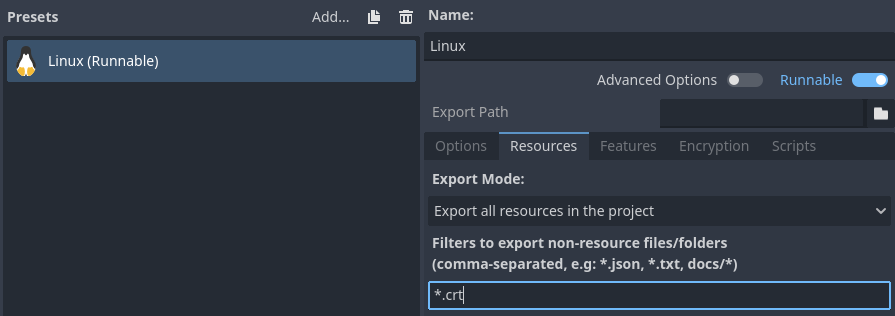 Adding *.crt to non-resource export filter in the export preset