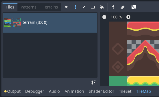 Opening the TileMap panel at the bottom of the editor. The TileMap node must be selected first.