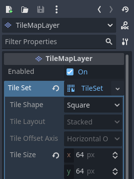 Setting the tile size to 64×64 to match the example tilesheet